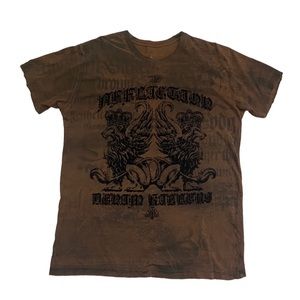 Mens Affliction brown and black t shirt with angel wings on back size large